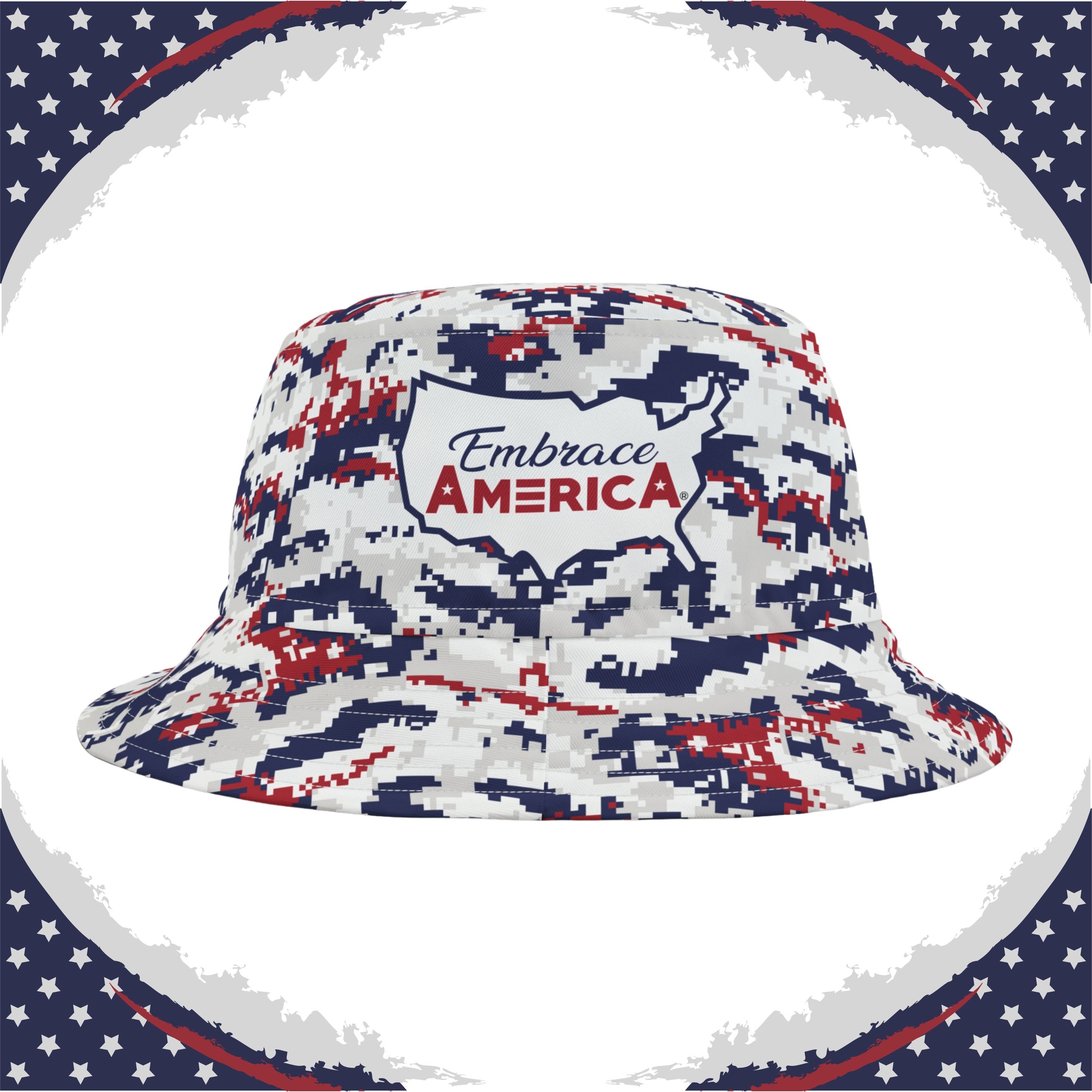 Patriotic Digital Camo Bucket Hat Red White Blue Gray Made in USA Embrace America