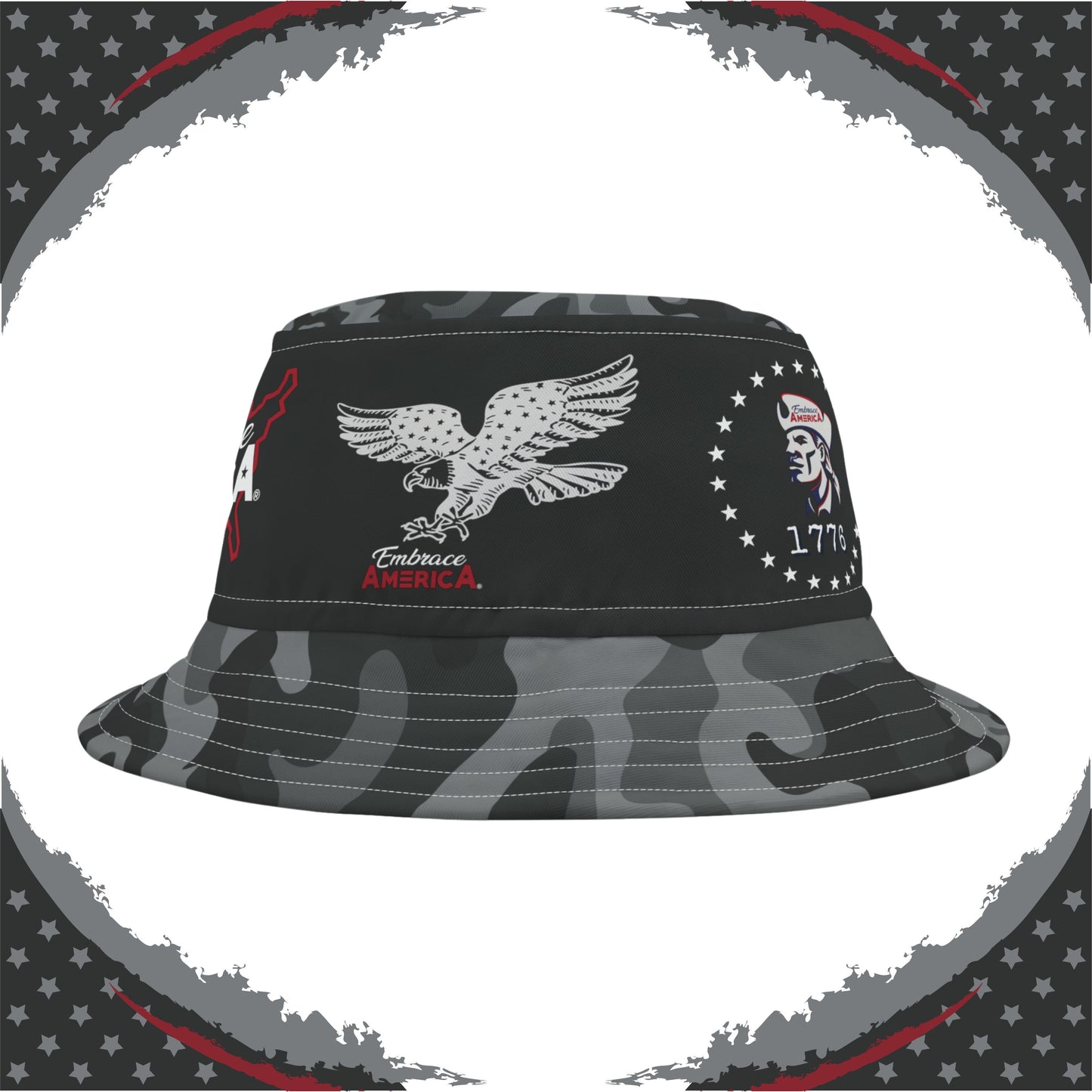 Patriotic Black Camo Bucket Hat (Uncle Sam Bald Eagle Patriot) - Made in USA